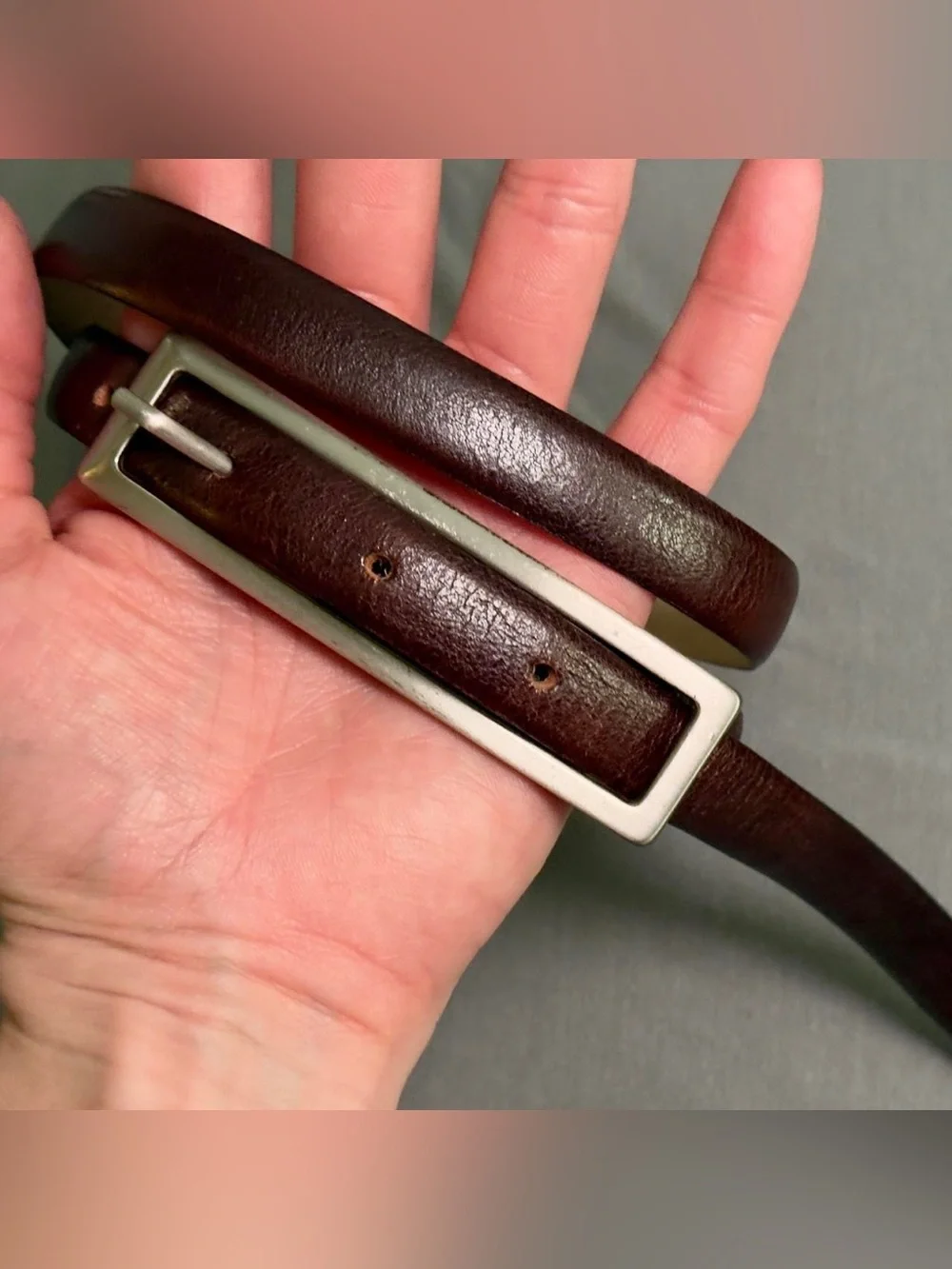 Brown Italian Leather Belt with Elongated Silver Buckle